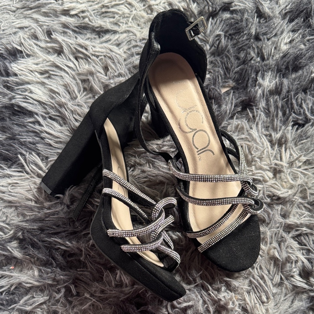 Sugar Black Block Heel Sandals with Rhinestone Straps